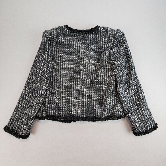 Rebecca Taylor Tweed Ruffle Ribbon Hem Open Front Blazer Jacket Black White sz L - Picture 8 of 11